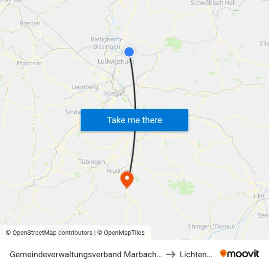 Gemeindeverwaltungsverband Marbach am Neckar to Lichtenstein map