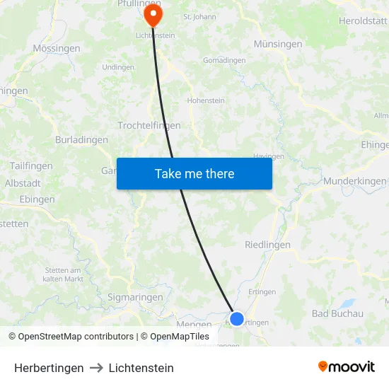 Herbertingen to Lichtenstein map