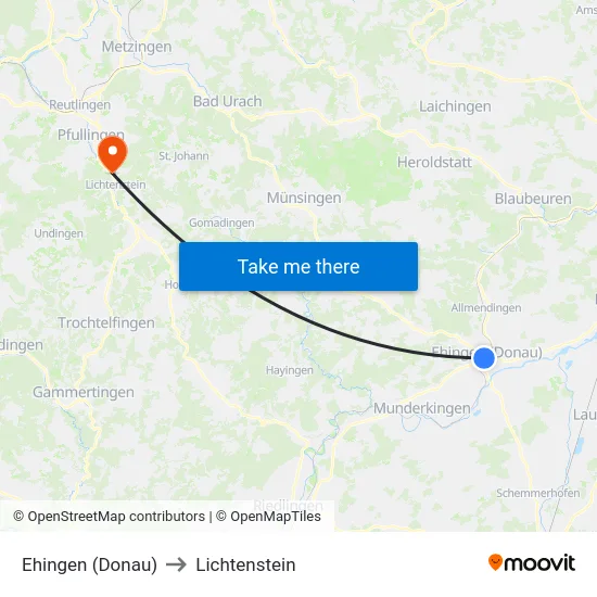 Ehingen (Donau) to Lichtenstein map