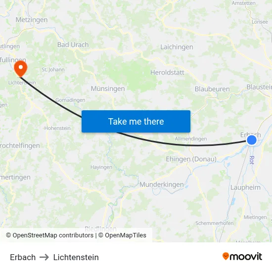 Erbach to Lichtenstein map
