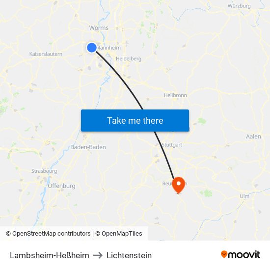 Lambsheim-Heßheim to Lichtenstein map