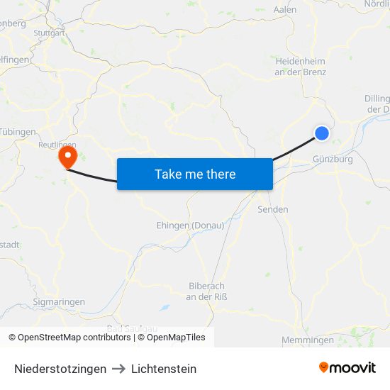 Niederstotzingen to Lichtenstein map