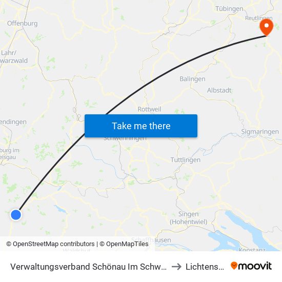 Verwaltungsverband Schönau Im Schwarzwald to Lichtenstein map