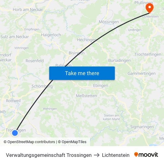 Verwaltungsgemeinschaft Trossingen to Lichtenstein map