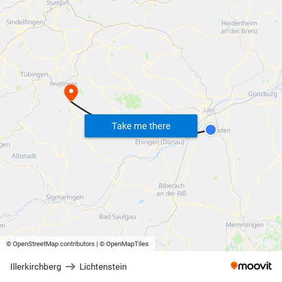 Illerkirchberg to Lichtenstein map