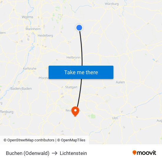 Buchen (Odenwald) to Lichtenstein map