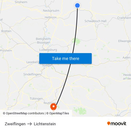 Zweiflingen to Lichtenstein map