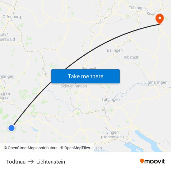 Todtnau to Lichtenstein map
