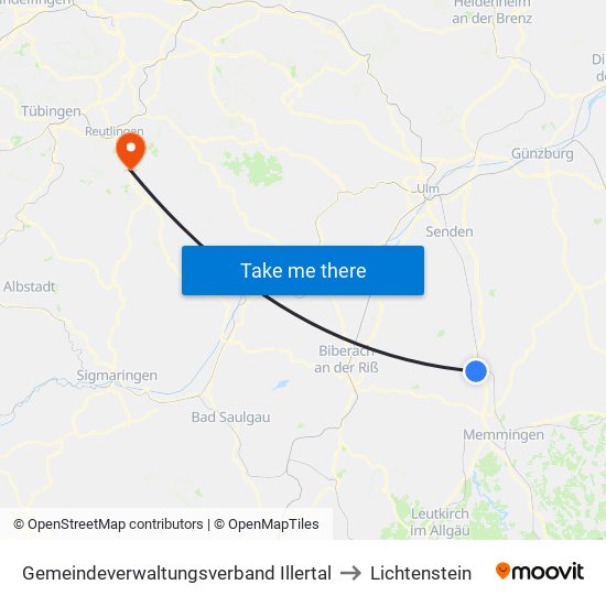 Gemeindeverwaltungsverband Illertal to Lichtenstein map