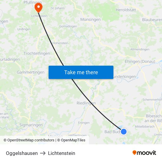 Oggelshausen to Lichtenstein map