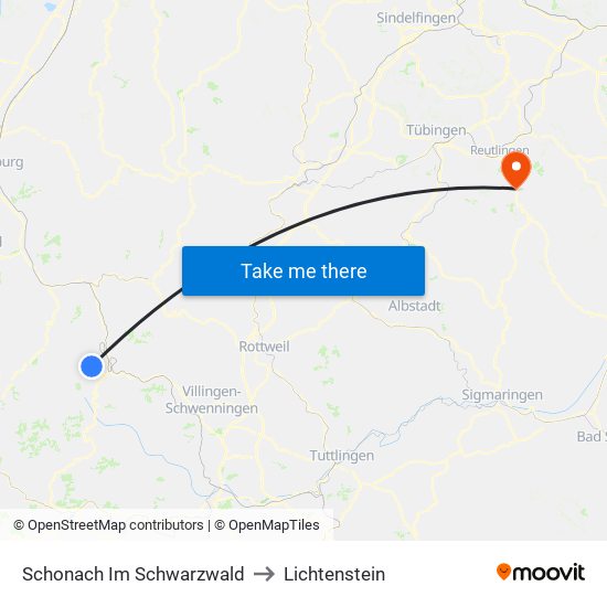 Schonach Im Schwarzwald to Lichtenstein map
