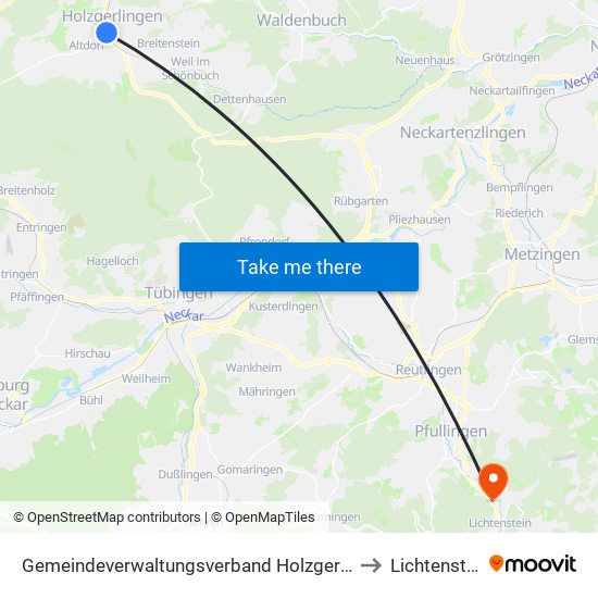 Gemeindeverwaltungsverband Holzgerlingen to Lichtenstein map