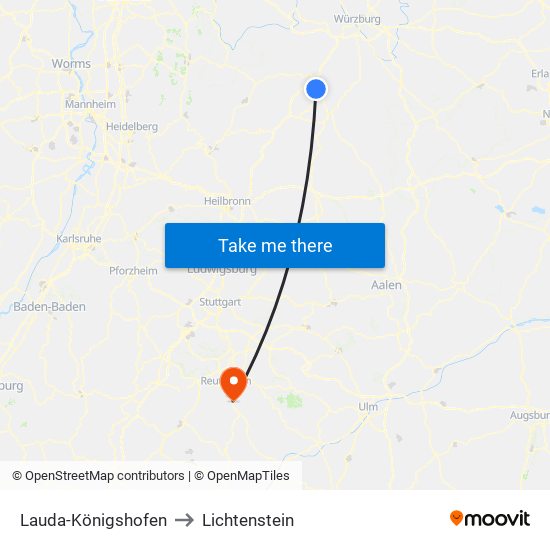 Lauda-Königshofen to Lichtenstein map