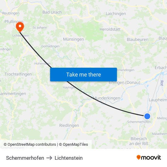 Schemmerhofen to Lichtenstein map
