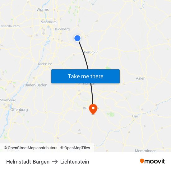 Helmstadt-Bargen to Lichtenstein map