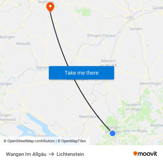 Wangen Im Allgäu to Lichtenstein map