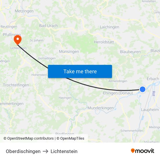 Oberdischingen to Lichtenstein map