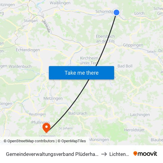 Gemeindeverwaltungsverband Plüderhausen-Urbach to Lichtenstein map