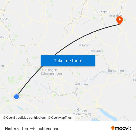 Hinterzarten to Lichtenstein map