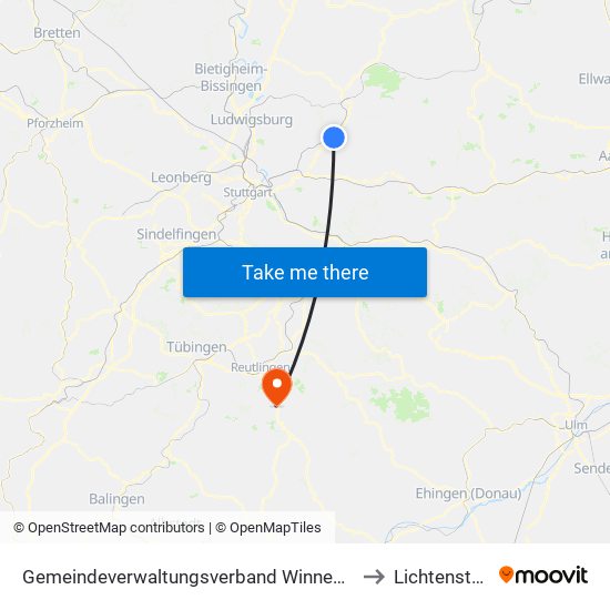 Gemeindeverwaltungsverband Winnenden to Lichtenstein map