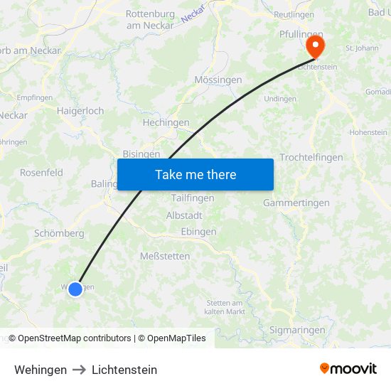 Wehingen to Lichtenstein map