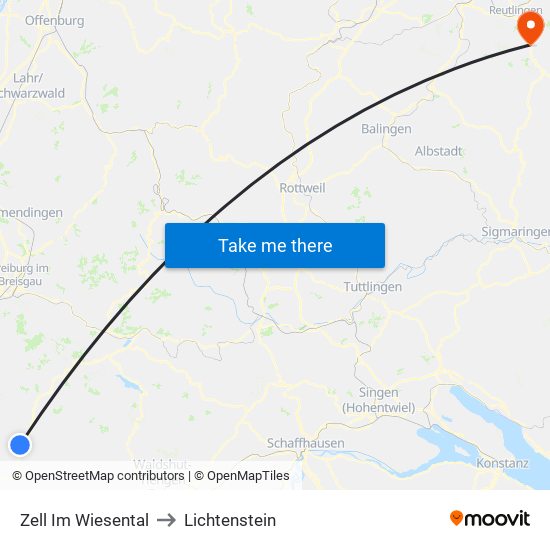 Zell Im Wiesental to Lichtenstein map