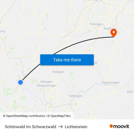 Schönwald Im Schwarzwald to Lichtenstein map