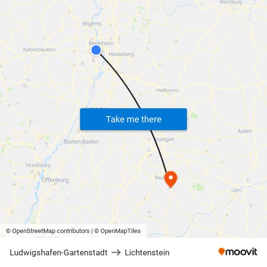 Ludwigshafen-Gartenstadt to Lichtenstein map