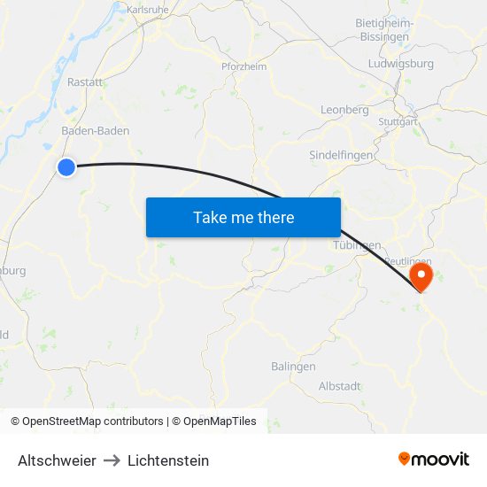 Altschweier to Lichtenstein map