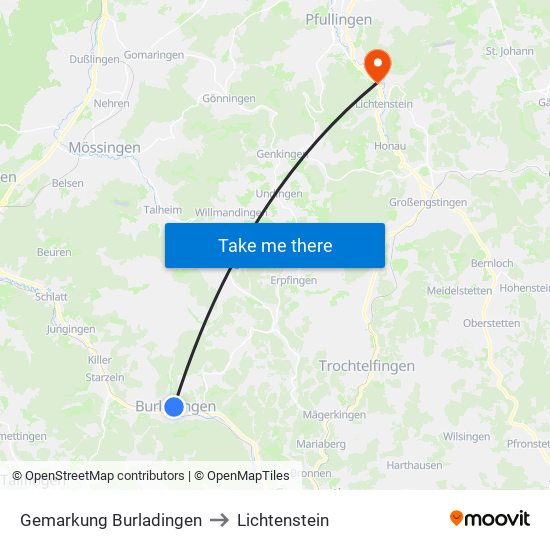Gemarkung Burladingen to Lichtenstein map