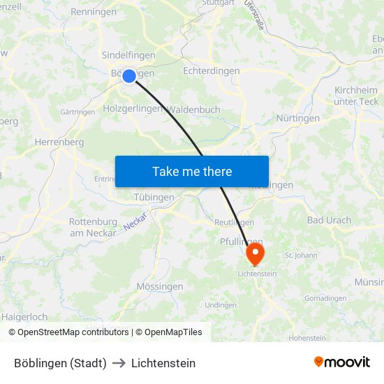 Böblingen (Stadt) to Lichtenstein map