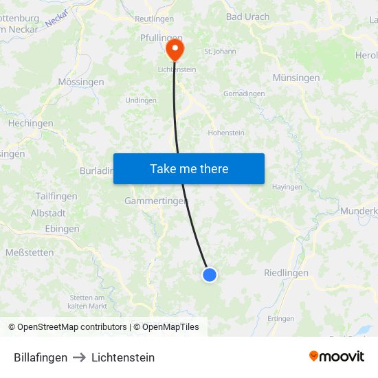 Billafingen to Lichtenstein map