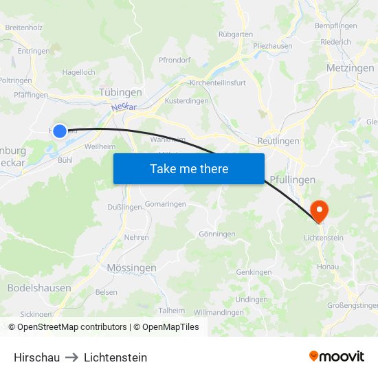 Hirschau to Lichtenstein map