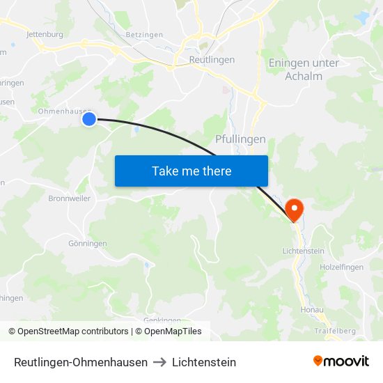 Reutlingen-Ohmenhausen to Lichtenstein map