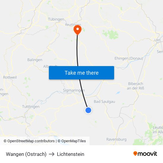 Wangen (Ostrach) to Lichtenstein map