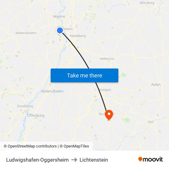 Ludwigshafen-Oggersheim to Lichtenstein map