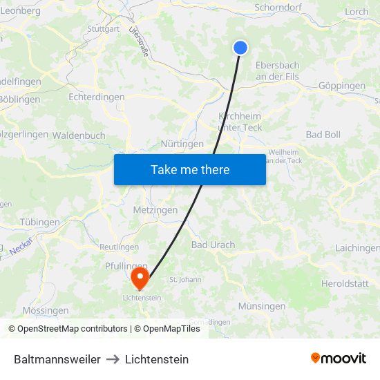 Baltmannsweiler to Lichtenstein map