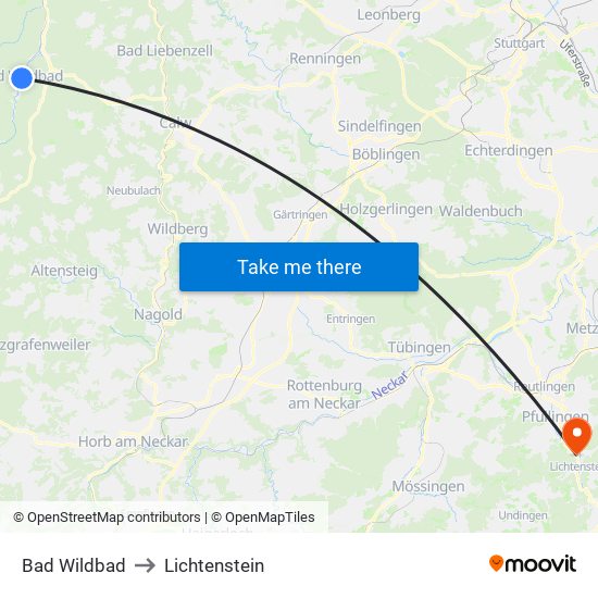 Bad Wildbad to Lichtenstein map