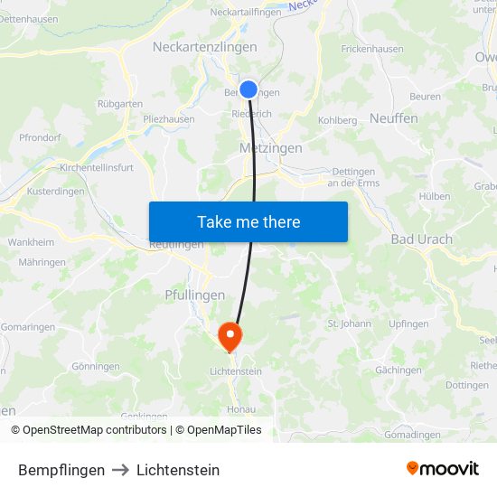 Bempflingen to Lichtenstein map