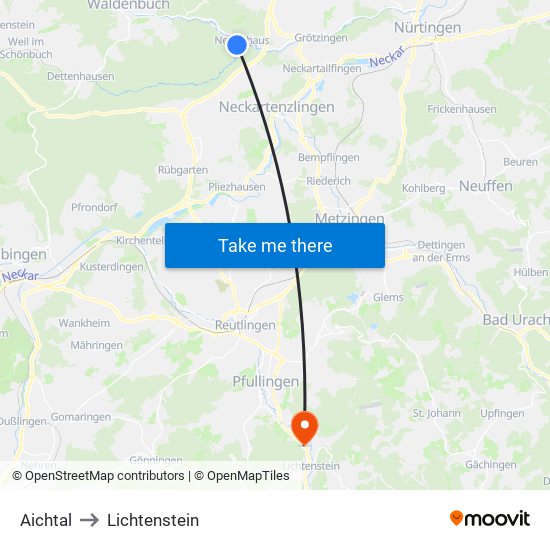 Aichtal to Lichtenstein map