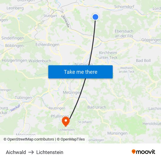 Aichwald to Lichtenstein map