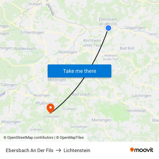 Ebersbach An Der Fils to Lichtenstein map