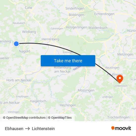 Ebhausen to Lichtenstein map