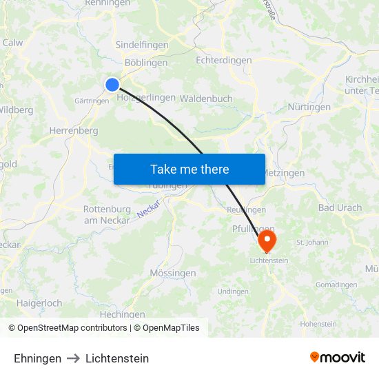 Ehningen to Lichtenstein map
