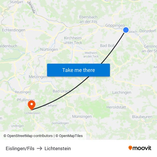 Eislingen/Fils to Lichtenstein map