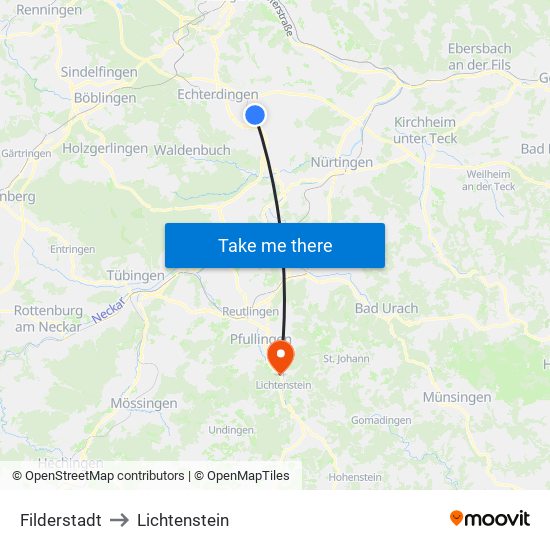 Filderstadt to Lichtenstein map