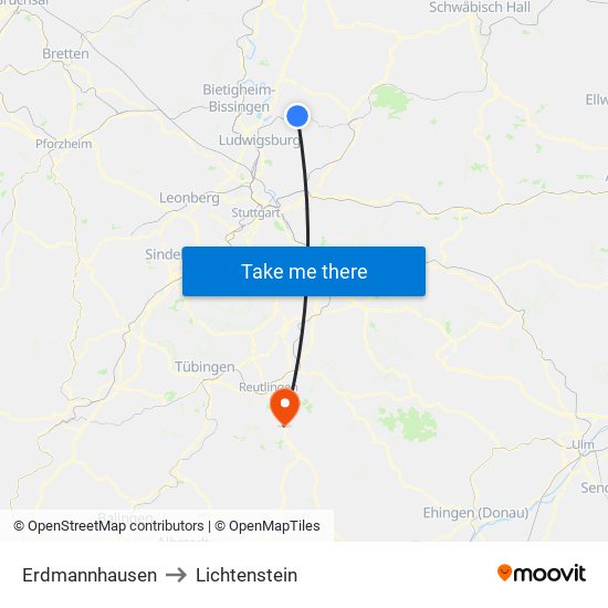 Erdmannhausen to Lichtenstein map