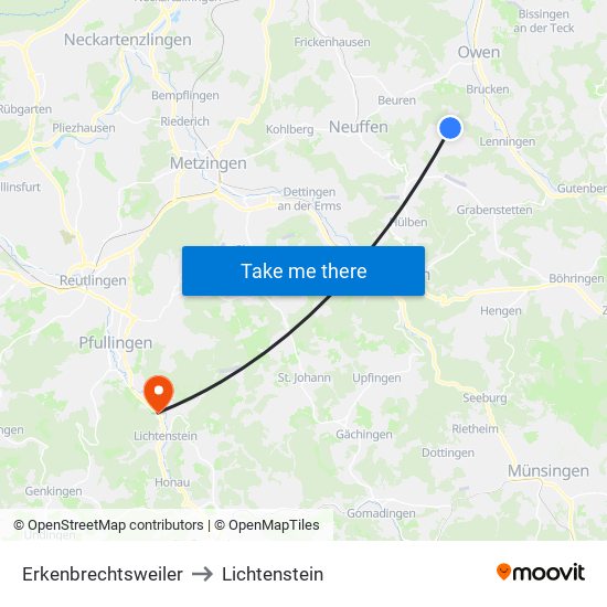 Erkenbrechtsweiler to Lichtenstein map