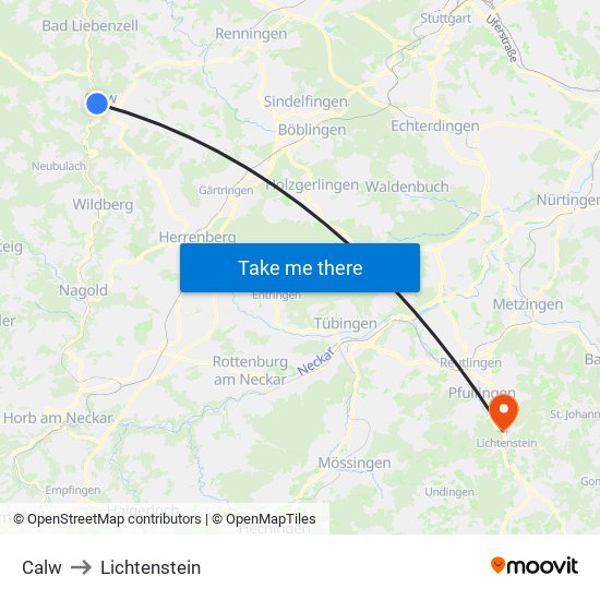 Calw to Lichtenstein map