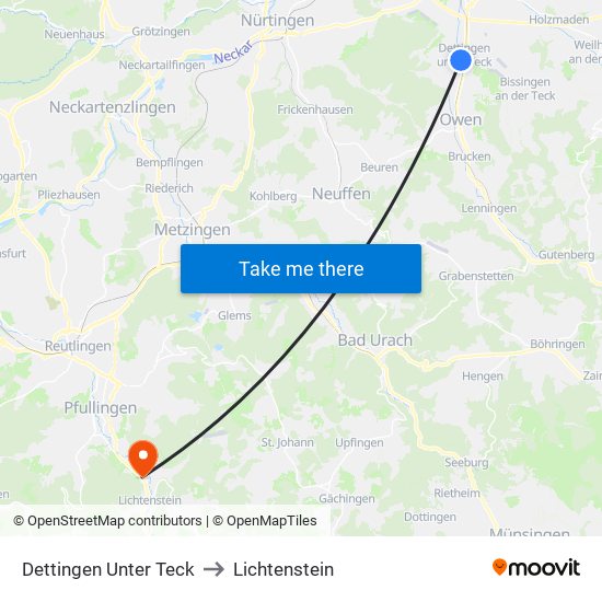 Dettingen Unter Teck to Lichtenstein map